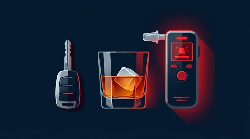 How many units to drive car key, whiskey glass, and breathalyser illustration showing UK drink drive limit warning