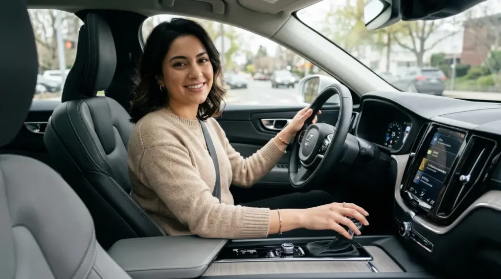 A young woman smiling while sitting in the driver's seat of a modern automatic car, hand on the gear selector, ready to drive