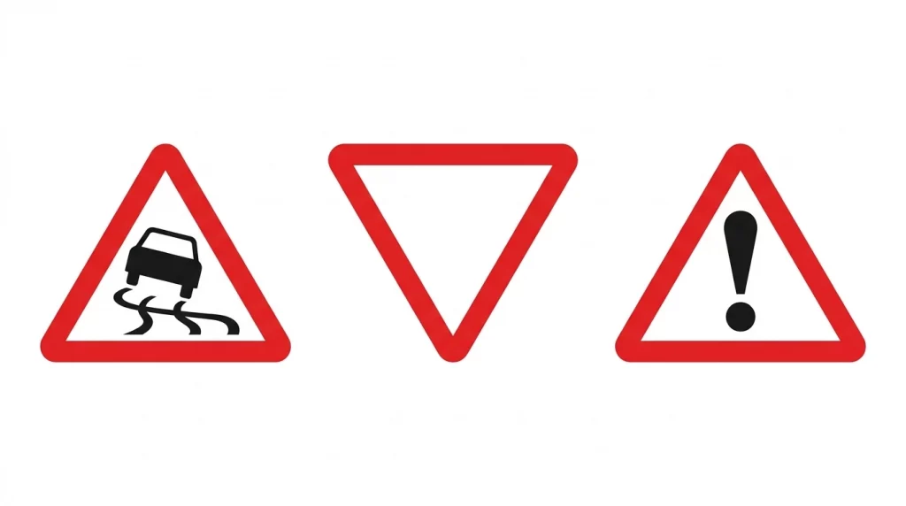 Three UK triangular road signs — slippery road warning, inverted Give Way triangle, and other danger exclamation mark sign with red borders